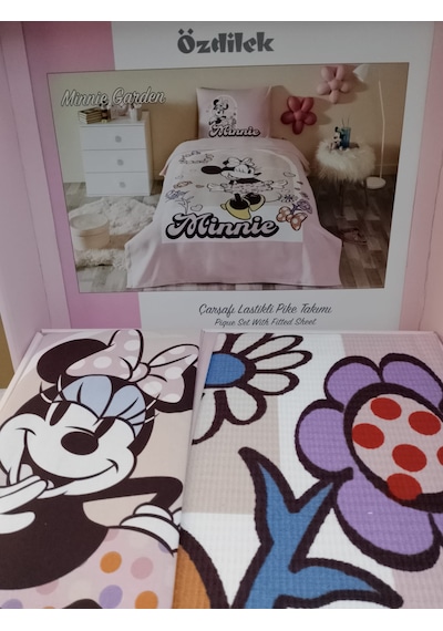 Özdilek Tek Kişilik Lastikli Çarşaf Çocuk Pike Takımı Minnie Garden Pembe