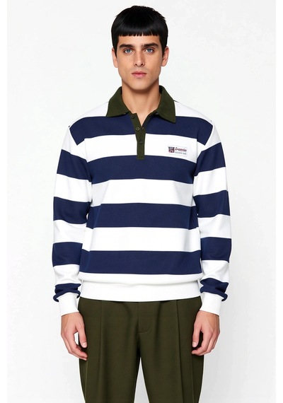 Benerly Erkek Polo Yaka Standart Kol Çizgili Sweatshirt Fonksiyonel Dayan Lacivert