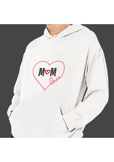 Anneler Günü Love Mom Baskılı Cepli, Kapşonlu Beyaz Unisex Swe