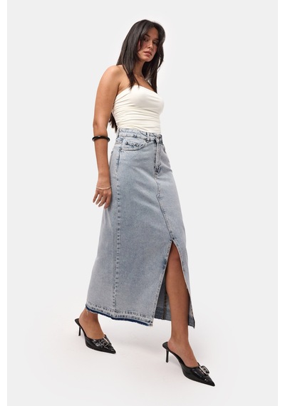 Itsbasic Kadın Snow Kot Rengi Derin Yırtmaçlı Yüksek Bel Uzun Denim Etek