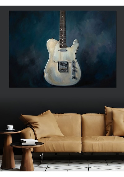 Mavi Fondaki Klasik Beyaz Gitar Dekoratif Kanvas - Mdf Ahşap Tablo