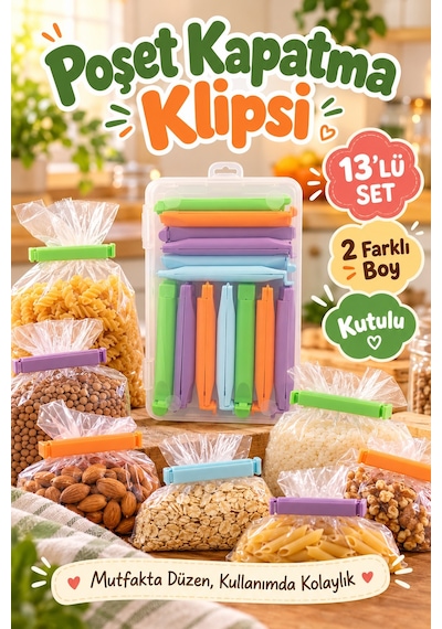 13 Adet Kutulu 2 Farklı Boy Renkli Poşet Kapatma Klipsi Mutfak Paket Ağzı Kapatıcı Düzenleyici Klips