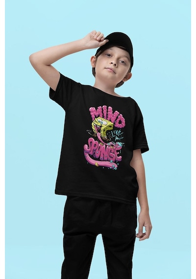 Sevbano Unisex Mind Like A Sponge Baskılı Süngerbob Çizgi Film Çocuk Tişö Siyah