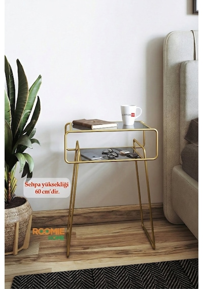 Retro Yan Sehpa, Metal Sehpa, Cam Sehpa, Salon, Yatak Odası, Antre Füme Cam Gold Altın