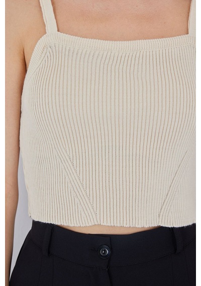 Hiccup Bdart Kare Yaka Ribana Örgü Crop Top Krem Doğal
