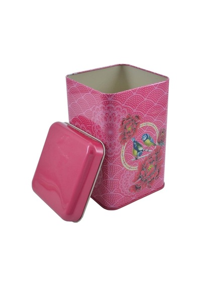 Blooming Red Desenli Kare Metal Saklama Kabı 10.5 x 10.5 x 16 CM 1.7 L