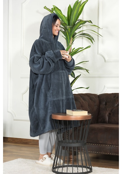 Elart Enjoy Tv Battaniyesi Wellsoft Kapüşonlu Giyilebilir Unisex Over Size 80x110 Cm Antrasit Antrasit