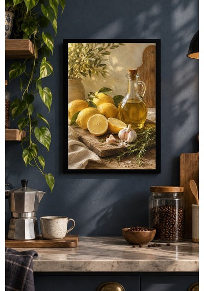 Limon Ve Zeytinyağı Desenli Dekoratif Mdf Tablo, Çerçeve Görünümlü Ahşap Poster