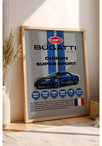 Bugatti Chiron Super Sport Araba Tablosu - Teknik Özellikli Otomobil Poster - Çerçeveli Duvar Dekoru Kayın