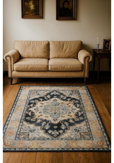 Vintage Desen Modern Halı Dekoratif Kilim Lacivert