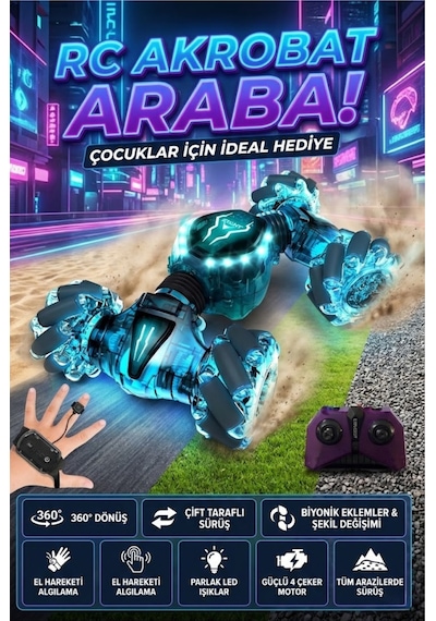 Uzaktan Kumandalı El Hareket Sensörlü Akrobat Araba 360 Derece Dönen Şarjlı Işıklı 4wd Drift Arabası
