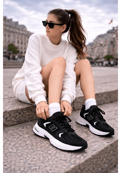 Muggo Shift Kadın Kalın Taban Bağcıklı Günlük Sneaker Spor Ayakkabı Siyah