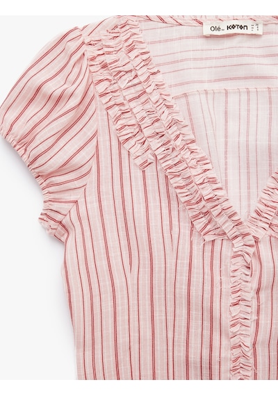 Koton Slim Fit Fırfır Detaylı V Yaka Kısa Kollu Çizgili Bluz Pembe Çizgili 6sal60191ıw