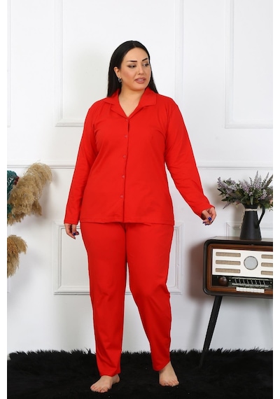 Akbeniz Kadın Büyük Beden Pamuklu Cepli Düğmeli Kırmızı Pijama Takım 202401-kırmızı Kırmızı