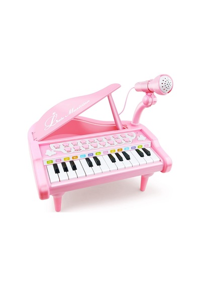 Pembe Mikrofonlu 24 Tuşlu Çocuk Piyanosu - Telefon Bağlantılı Eğitici Işıklı Org Müzik Seti