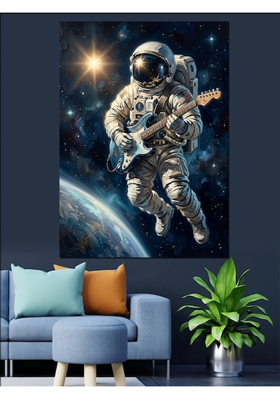 Uzayda Gitar Çalan Astronot Tablosu Dekoratif Kanvas - Mdf Ahşap Tablo Çok Renkli
