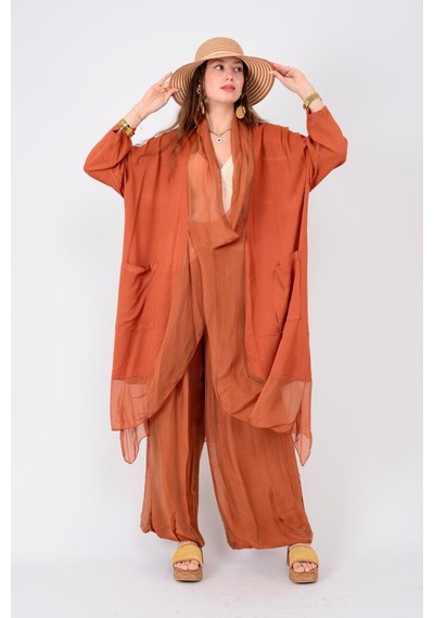 Bohem Stil Italyan Ipek Detaylı Oversize Kap Bluz- Wes Pantolon Takım-8789 Kiremit