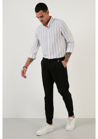 Buratti Pamuklu Çizgili Regular Fit Düğmeli Yaka Erkek Gömlek Cf21S112480 Beyaz-Lacivert