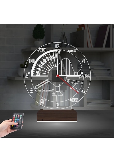 Luvivia Mühendis Hediye Matematik Geometri Kişiye Özel Saatli 3d Lamba - Masa Gece Lambası Şeffaf