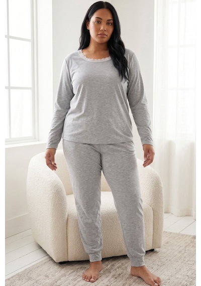 Siyah İnci Likralı Büyük Beden Battal Boy Örme Pijama Takım26240944 Gri Melanj