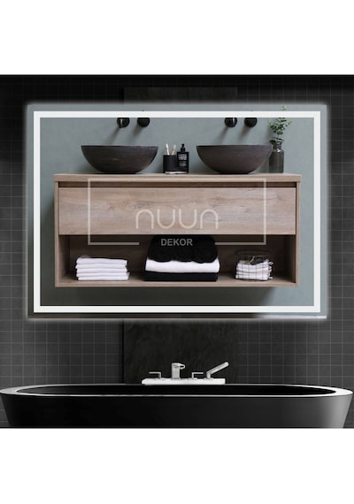 Nuun Dekor 90x70cm Beyaz Ledli Kumlamalı Banyo Aynası Trafolu Beyaz