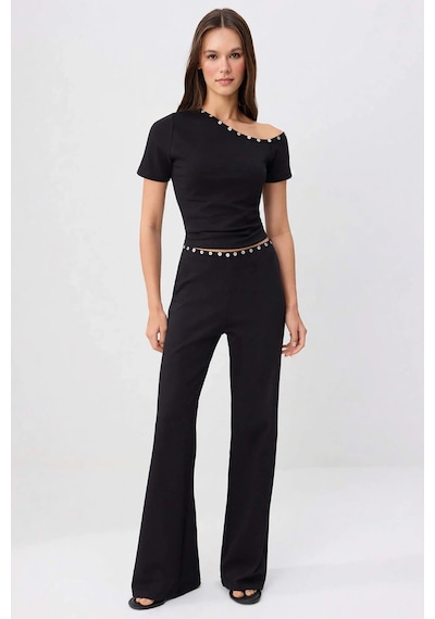 Benerly Kadın Kısa Kollu Crop Top Sedef Düğmeli Asimetrik Yaka Ribana Örm siyah