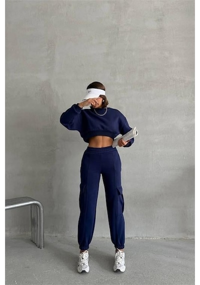 Dip Moda Kadın Bisiklet Yaka Crop Eşofman Takımı Dpnbg041 Lacivert