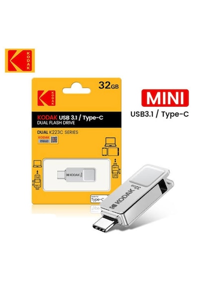 Kodak 32gb. Type-c Ve Usb 3.1 Çift Girişli Minik Hızlı Usb Flash Bellek Otg Çift Girişli  Metal Ve Sağlam 32 GB