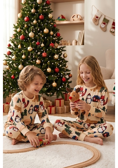 Bunny Hopp %100 Pamuk Interlok Kız Ve Erkek Çocuk Yılbaşı Pijaması Ekru Kış Ormanı Temalı Pijama Takımı Bunny Hopp %100 Pamuk Interlok Kız Ve Erkek Çocuk Yılbaşı Pijaması Ekru Kış Ormanı Temalı Pijama Takımı