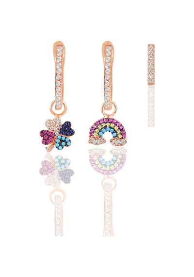 Söğütlü Silver Gümüş Rose Zirkon Taşlı Yonca, Gök Kuşağı Kombin Üçlü Küpe Seti