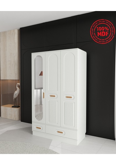 Pera 3 Kapaklı Çekmeceli Bazalı Gardırop - Tamamı Mdf Beyaz Pera 3 Kapaklı Çekmeceli Bazalı Gardırop - Tamamı Mdf Beyaz