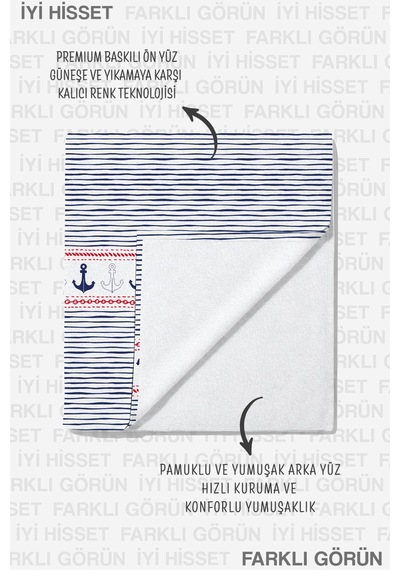 Çizgili Çapa Marine Plaj Havlusu - Lacivert Beyaz Nautical Modern Hızlı Kuruyan Mikrofiber Havlu Bulut Köpüğü