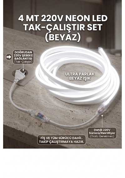 4 Metre Neon Esnek Şerit Led 220v +fiş Beyaz Işık Tak Çalıştır Tezgah Ve Mutfak Aydınlatması Led Şerit Beyaz