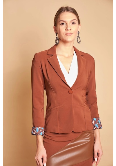 Yakalı Flato Cepli Kolu Duble Uzun Kol Ofis Şık Blazer Kumaş Ceket -koyu Taba K.taba