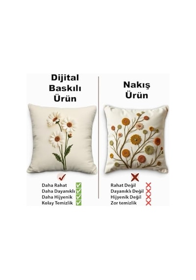 Punch Nakış Desen Dijital Baskılı Dekoratif Papatya Desenli Kadife Kırlent Kılıfı, 2'li Set, Krem Zemin, Dijital Diğer