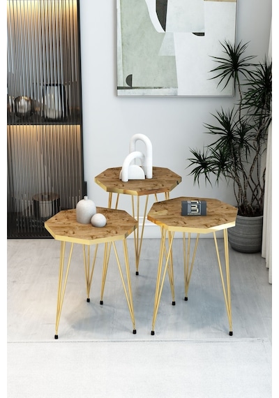 3'lü Sekizgen Zigon Sehpa Ve Dikdörtgen Orta Sehpa Takımı Modern Gold Metal Ayaklı Salon Sehpa Seti Atlantik Çam 3'lü Sekizgen Zigon Sehpa Ve Dikdörtgen Orta Sehpa Takımı Modern Gold Metal Ayaklı Salon Sehpa Seti Atlantik Çam