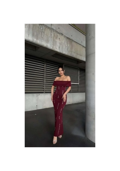 Alfa Aksesuar 03 Scuba Esnek Taş Abiye Elbise Detaylı Straplez Kumaş Bordo