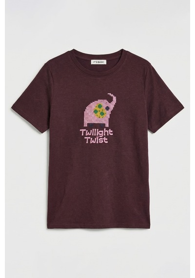 it's basic Kadın Kahve Bordo Renk W5 Nakış Detaylı Oversize Tasarım T-shirt