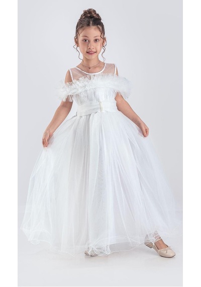 Mnk Baby & Kids Uzun Etek Kız Çocuk Robası Şifon Abiye M00723 Beyaz