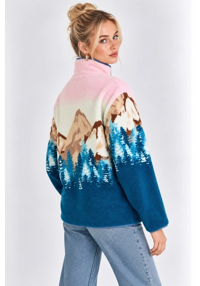 Mevese Cepli Ve Yarım Fermuarlı Dik Yaka Desenli Kadın Oversize Polar Sweat - Pembe-mavi Mevese Cepli Ve Yarım Fermuarlı Dik Yaka Desenli Kadın Oversize Polar Sweat - Pembe-mavi