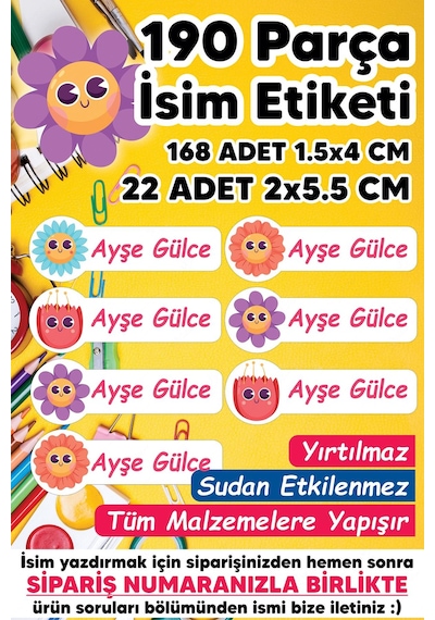 Okul Etiketi Kalem Defter Etiketi Çiçekler Temalı Özel Isim Yazılabilen Etiket - 190 Adet