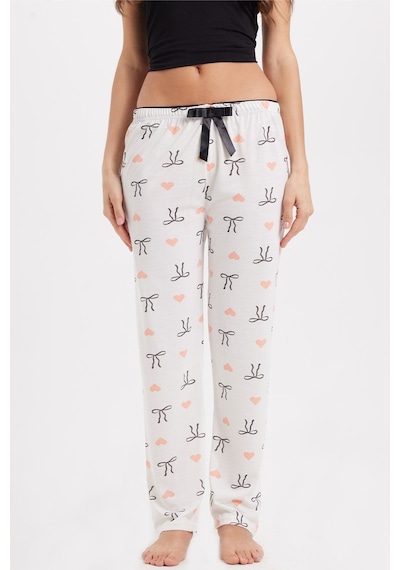 Tudors Kadın Regular Fit Klasik Kesim Viskon Beli Lastikli Fiyonk Detaylı Baskılı Beyaz Pijama Altı-51007