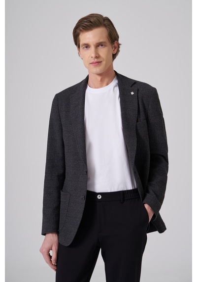 Morven Erkek Siyah Yünlü Trend Desenli Slim Fit Mono Yaka Ceket 26ks002007001 Siyah