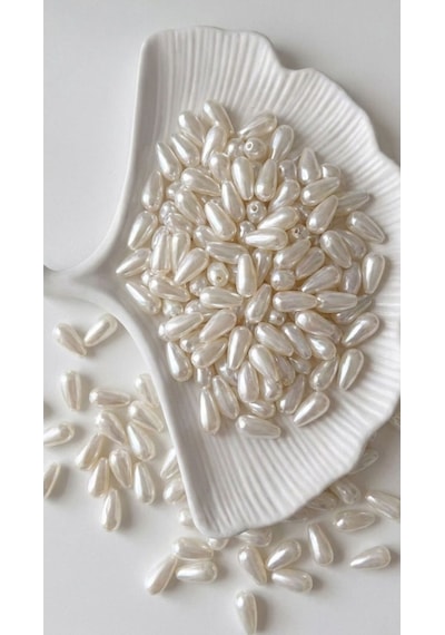 25 Adet 9x20 Mm Krem Renk Plastik Kırışık Damla Model İnci Boncuk Çanta Takı Aksesuar Boncuğu