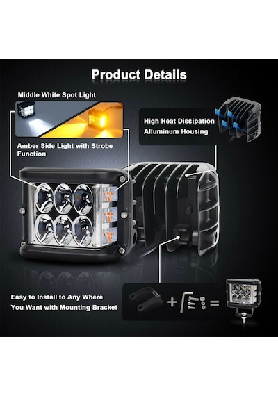 Off Road Motosiklet 45w 12 Led 10cm Beyaz Turuncu Çakarlı Kare Sis Farı Çalışma Lambası 2 Adet Sağ Sol