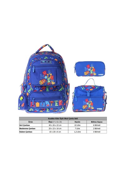 Kaukko Kids Monster Mavi Renk Erkek Çocuk Üçlü İlkokul Okul Çantası Seti/takımı - Setkk-l5404a