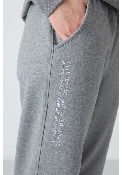 Tommy Life Gri Melanj Kapüşonlu Kanguru Cep Oversize Lastik Paça Kadın Eşofman Takımı - 95288 GRİ MELANJ