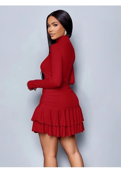 Efnaz Style Kadın Uzun Kollu Balıkçı Yaka Mini Fırfırlı Sandy Elbise Kırmızı
