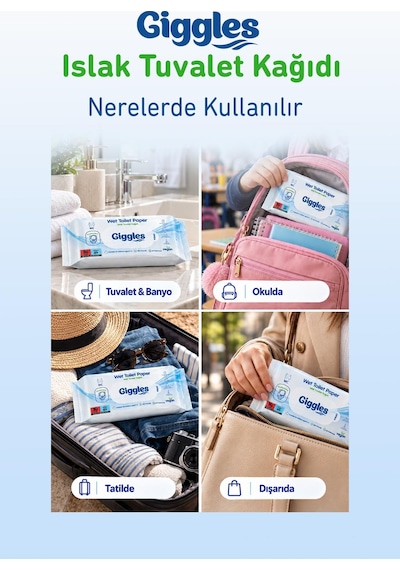 Giggles Islak Tuvalet Kağıdı Suda Çözünen Tuvalete Klozete Atılabilir Mendil 3 Paket 180 Adet