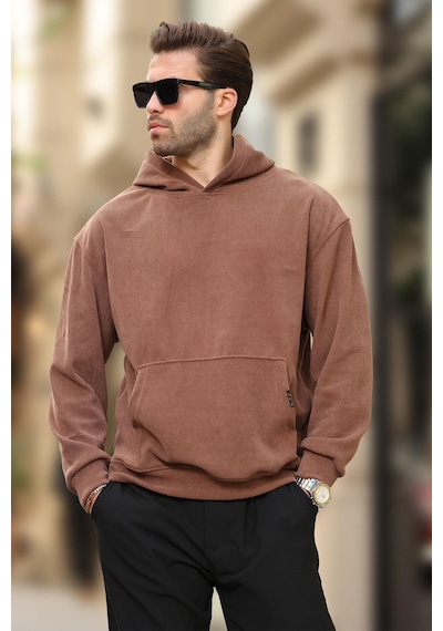 Madmext Kahverengi Kapüşonlu Cep Detaylı Dokulu Sweatshirt E7101 Kahverengi